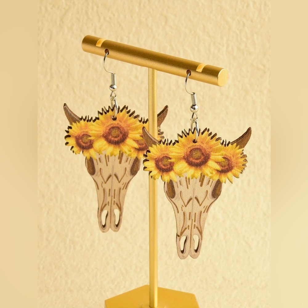 #240 | Western Wooden Bull Head with Sunflower Crown Dangle Earrings